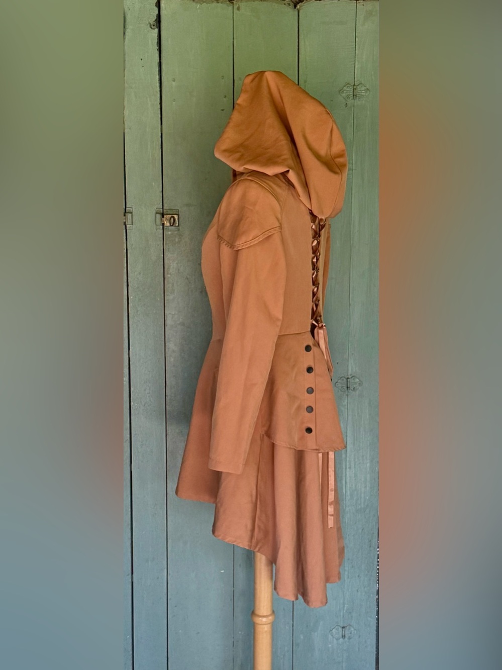 Goth Renaissance Hood Damask Corset Peplum Back ShoulderCape Duster Coat Tan M/L